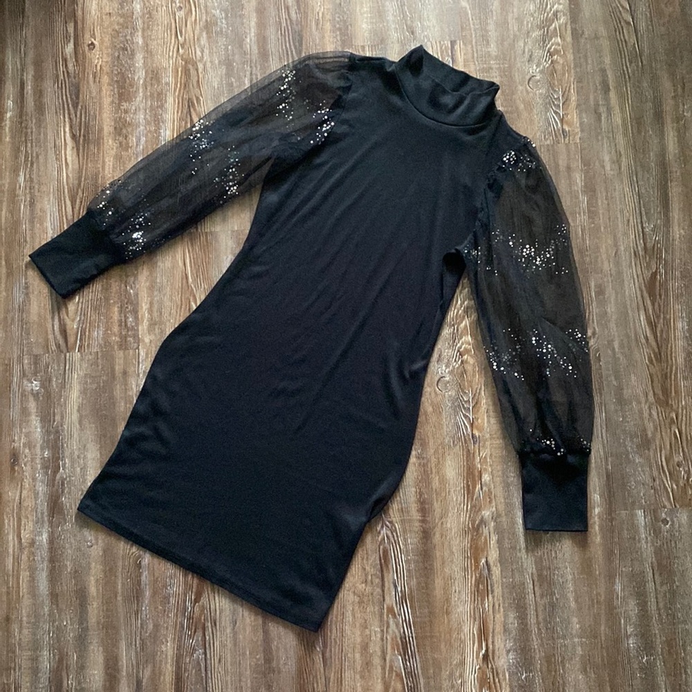 SheIn Black Long Mesh Sparkle Sleeve Mock Neck Mini New Year’s Eve Dress